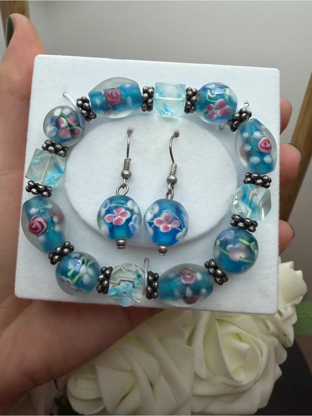 Handcrafted Floral Blue Glass Bead Bracelet & Earring Set